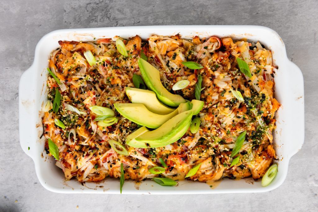 healthy salmon sushi bake with avocado