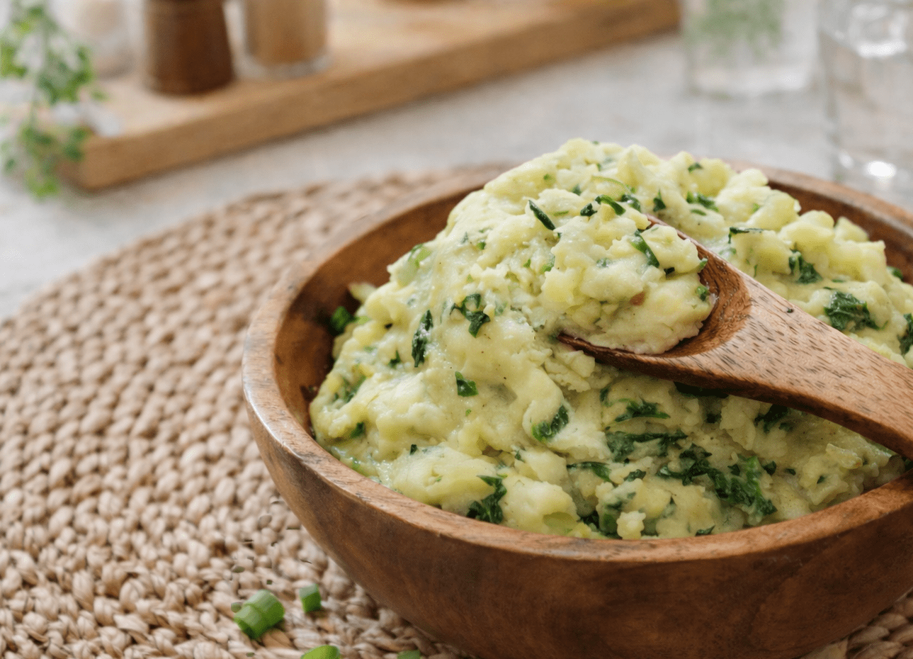 Creamy Instant Pot Irish colcannon (mashed potatoes with cabbage and kale) in a wooden bowl